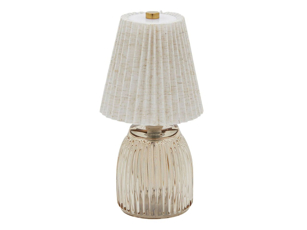 Lampada da tavolo plisse' in vetro e tessuto sabbia d.11,5cmxh.22cm, con cavo USB