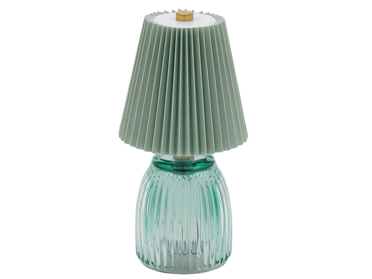 Lampada da tavolo plisse' in vetro e tessuto verde acqua d.11,5cmxh.22cm, con cavo USB