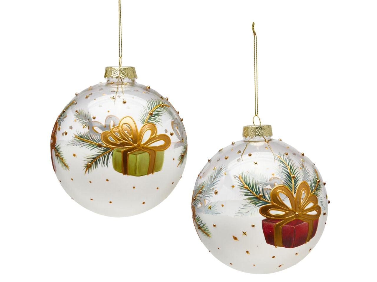 Palla in vetro multicolor d.12cm con decoro pacchi regalo