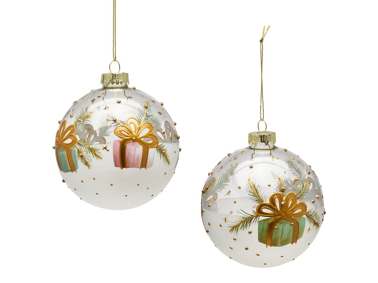 Palla in vetro multicolor d.10cm con decoro pacchi regalo