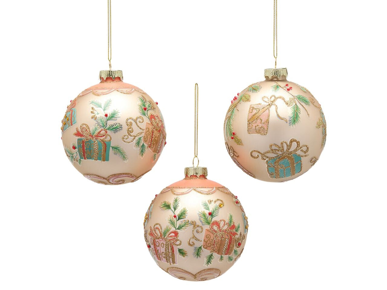 Palla in vetro multicolor d.10cm con decoro pacchi regalo