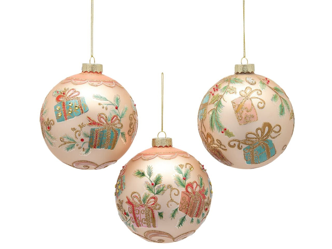 Palla in vetro multicolor d.12cm con decoro pacchi regalo