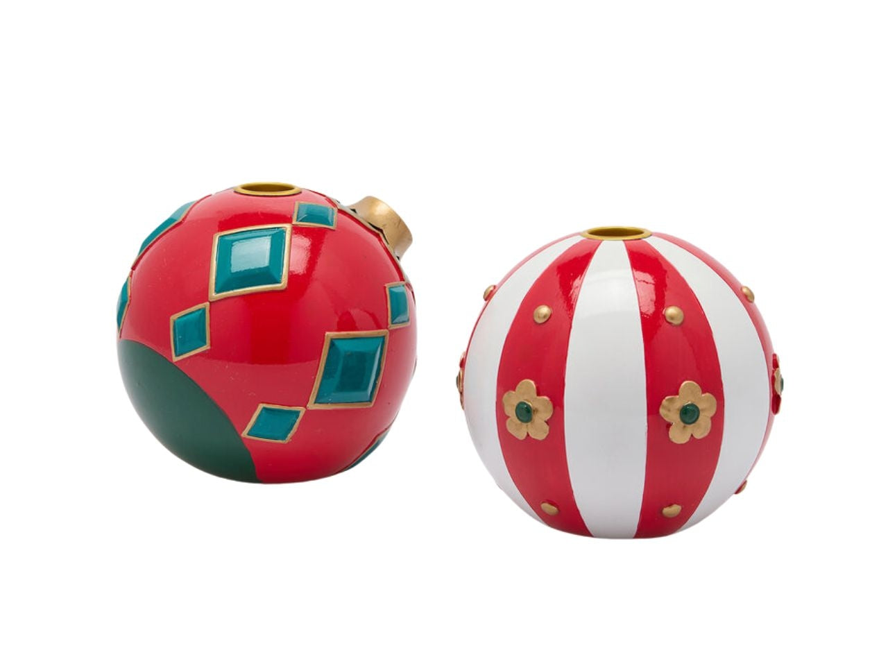 Portacandela palla xmas 13xh.12cm in poliresina verde e rosso