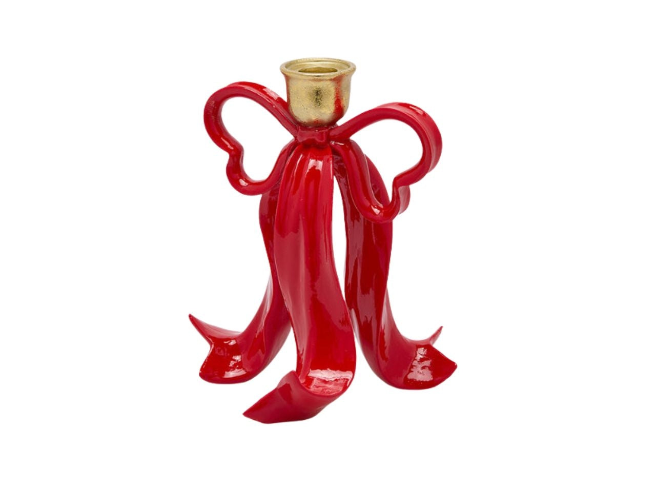 Portacandela fiocco 20cm in poliresina rosso e oro
