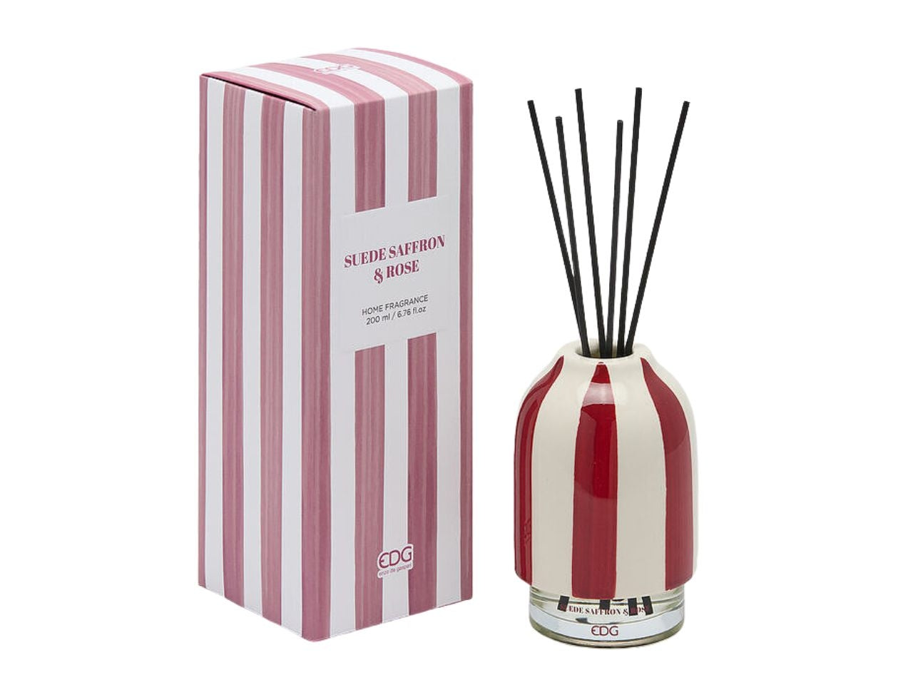 Profumatore con bacchette, bottiglia righe in vetro e ceramica, profumazione zafferano e rosa 200ml