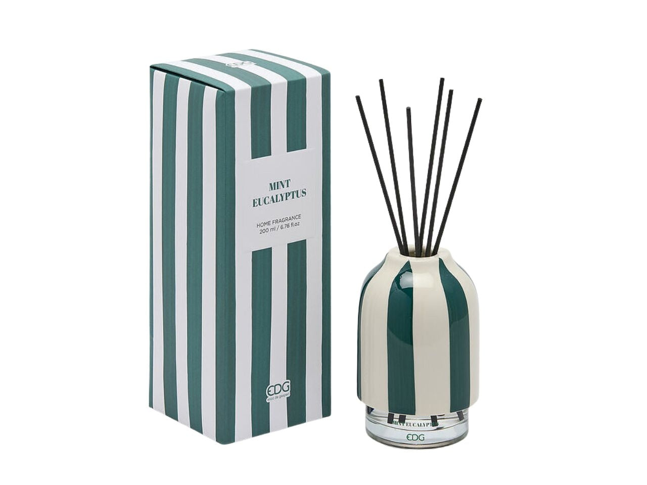 Profumatore con bacchette, bottiglia righe in vetro e ceramica, profumazione menta e eucalipto 200ml