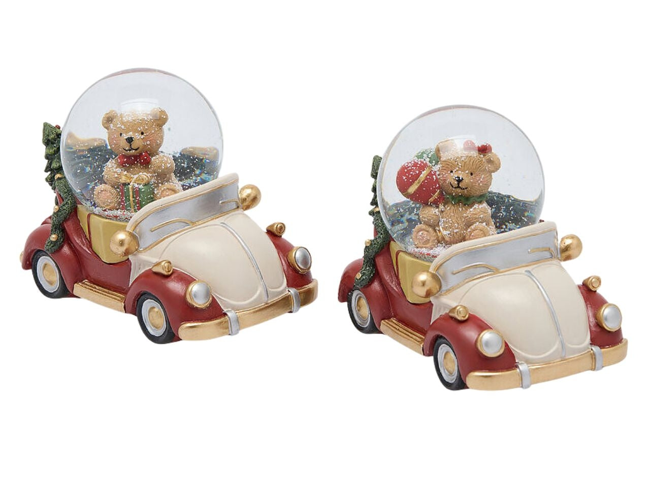 Auto in resina con palla di neve 13x8xh.10cm in poliresina bianco e rosso