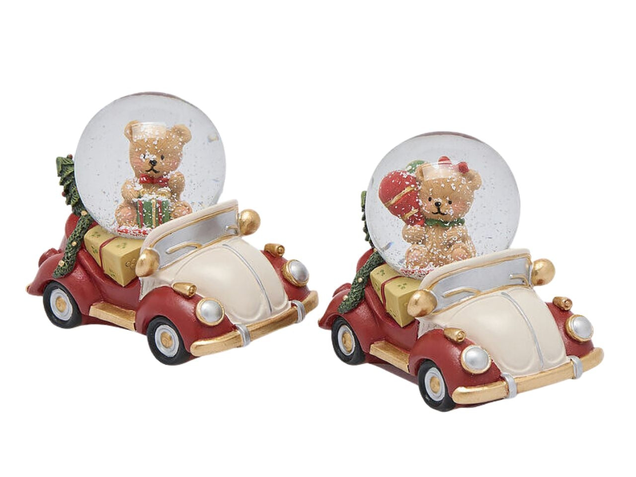 Auto in resina con palla di neve 9x6xh.7cm in poliresina bianco e rosso