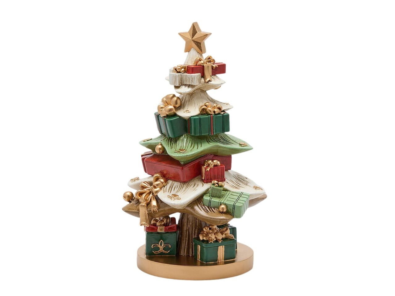 Albero 20xh.35cm con pacchi regali in poliresina verde e rosso