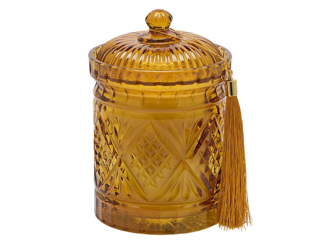Candela con contenitore e coperchio in vetro Crystal 12xh.18cm oro, profumazione muschio bianco 600gr 50h