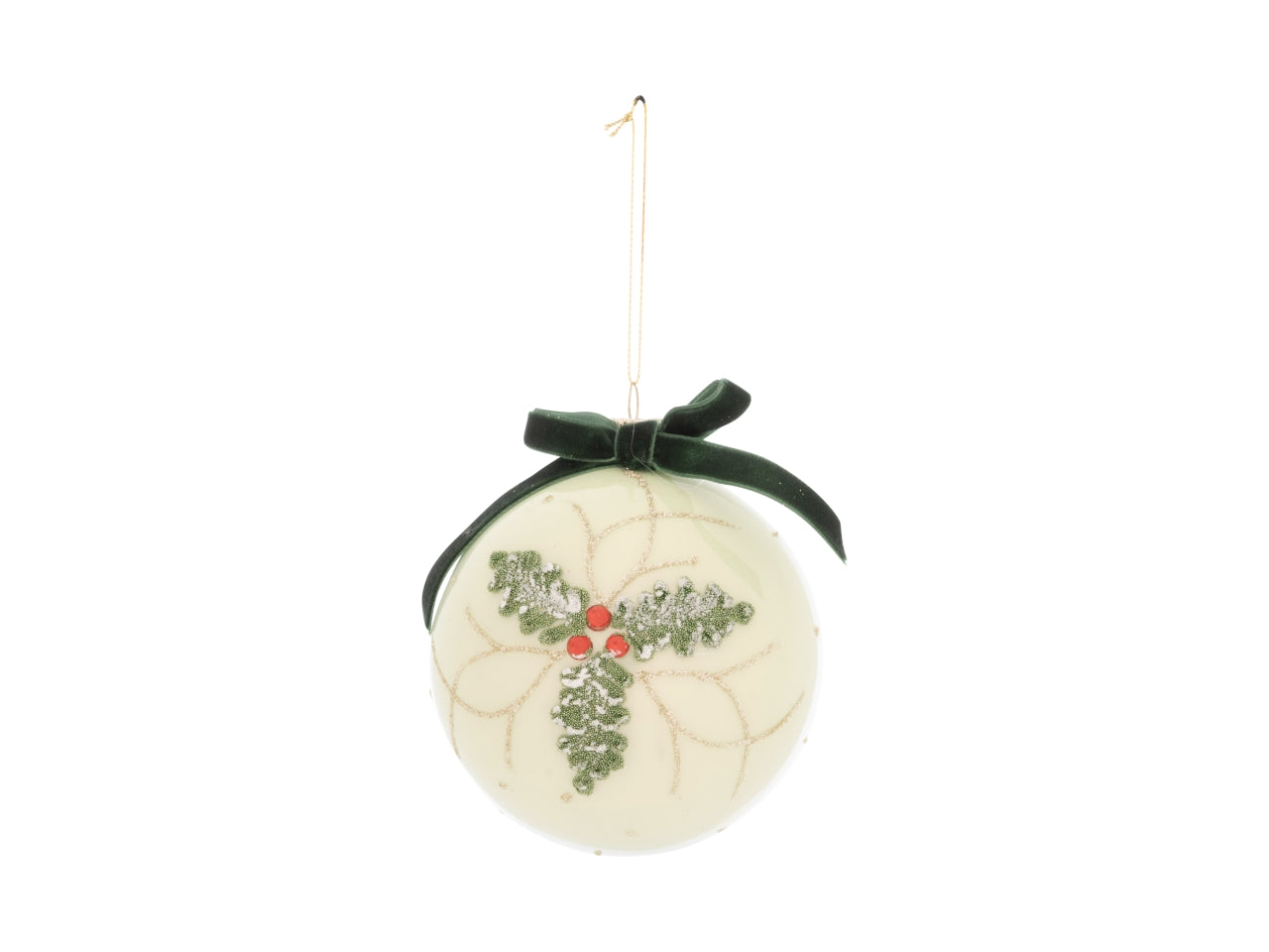 Palla 10cm in vetro con decoro agrifoglio verde