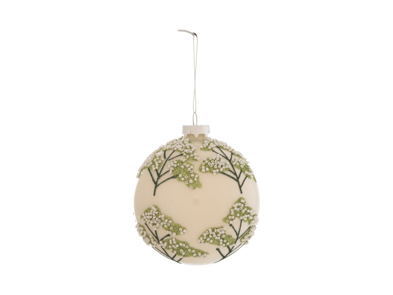 Palla 10cm in vetro con decoro foglie avorio