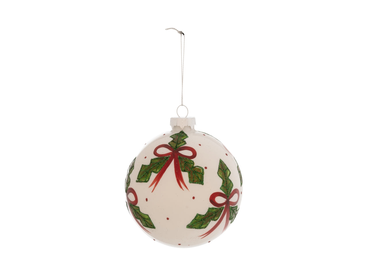 Palla 12cm in vetro con decoro agrifoglio bianco