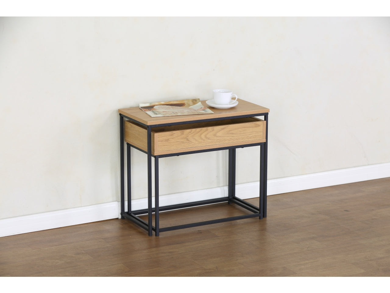 Tavolino leonardo modern oak 60x30x50/55x30x45cm melamina set da 2 tavolini