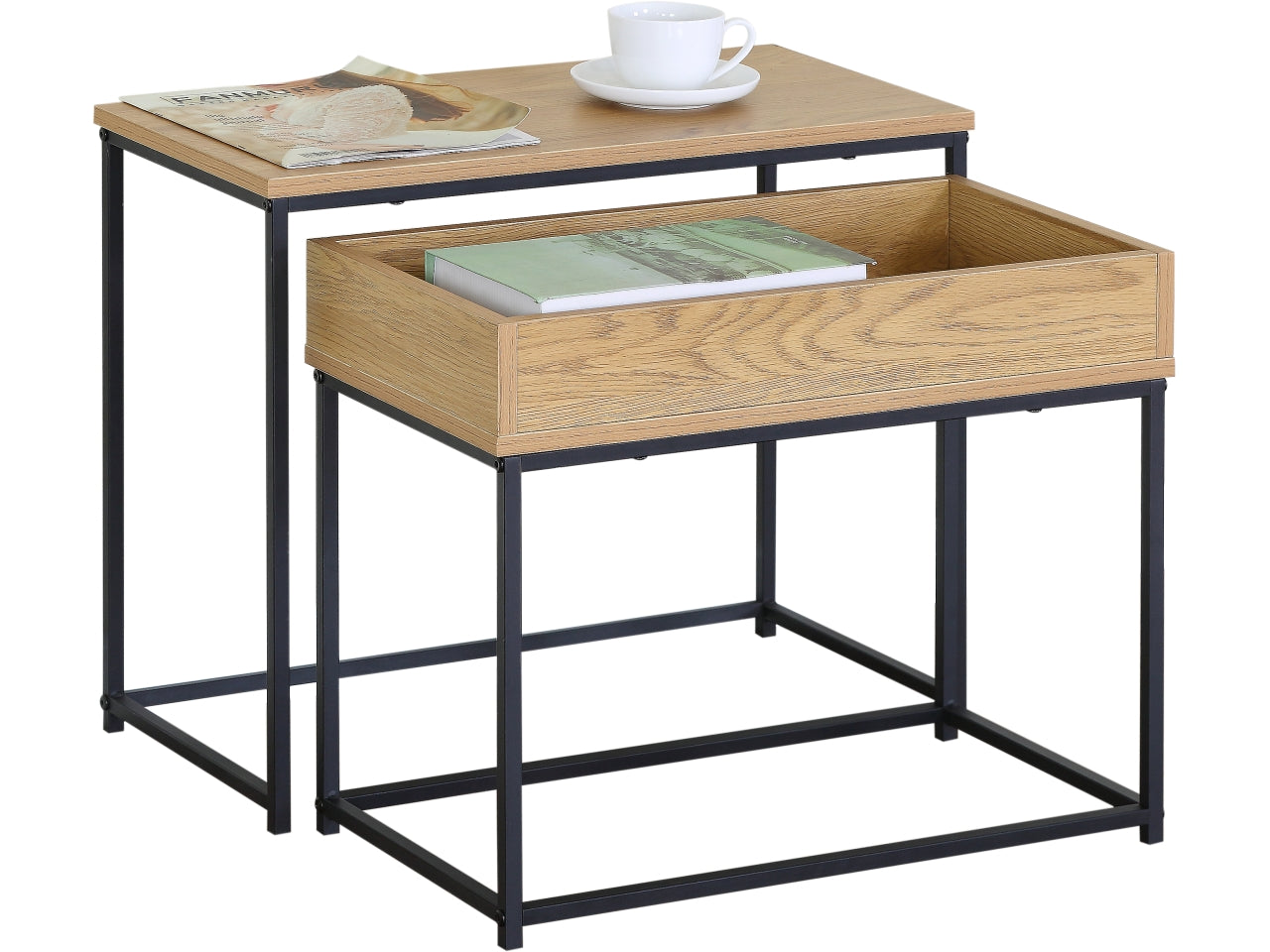 Tavolino leonardo modern oak 60x30x50/55x30x45cm melamina set da 2 tavolini