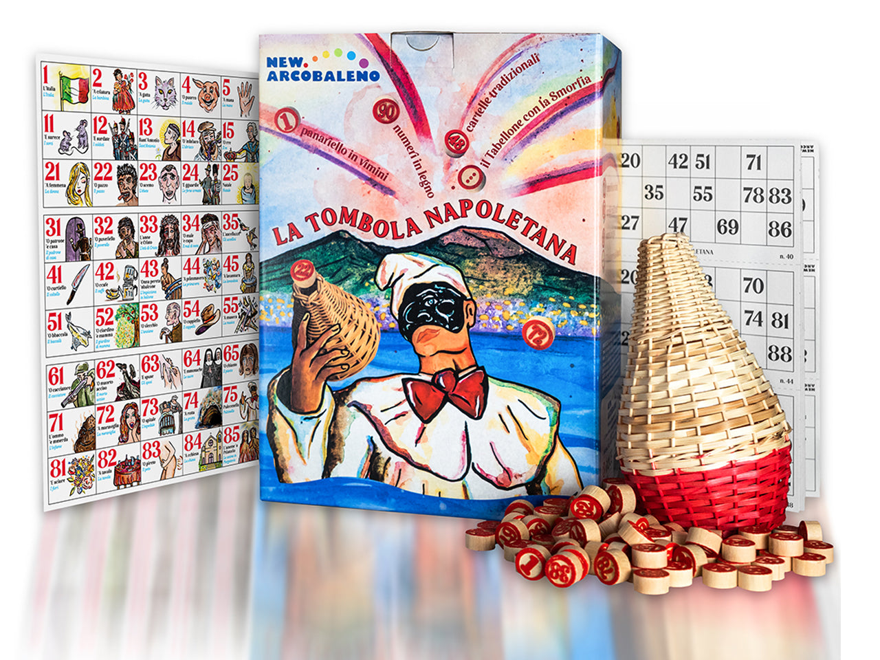 Tombola napoletana completa con cartelle, numeri e cartellone