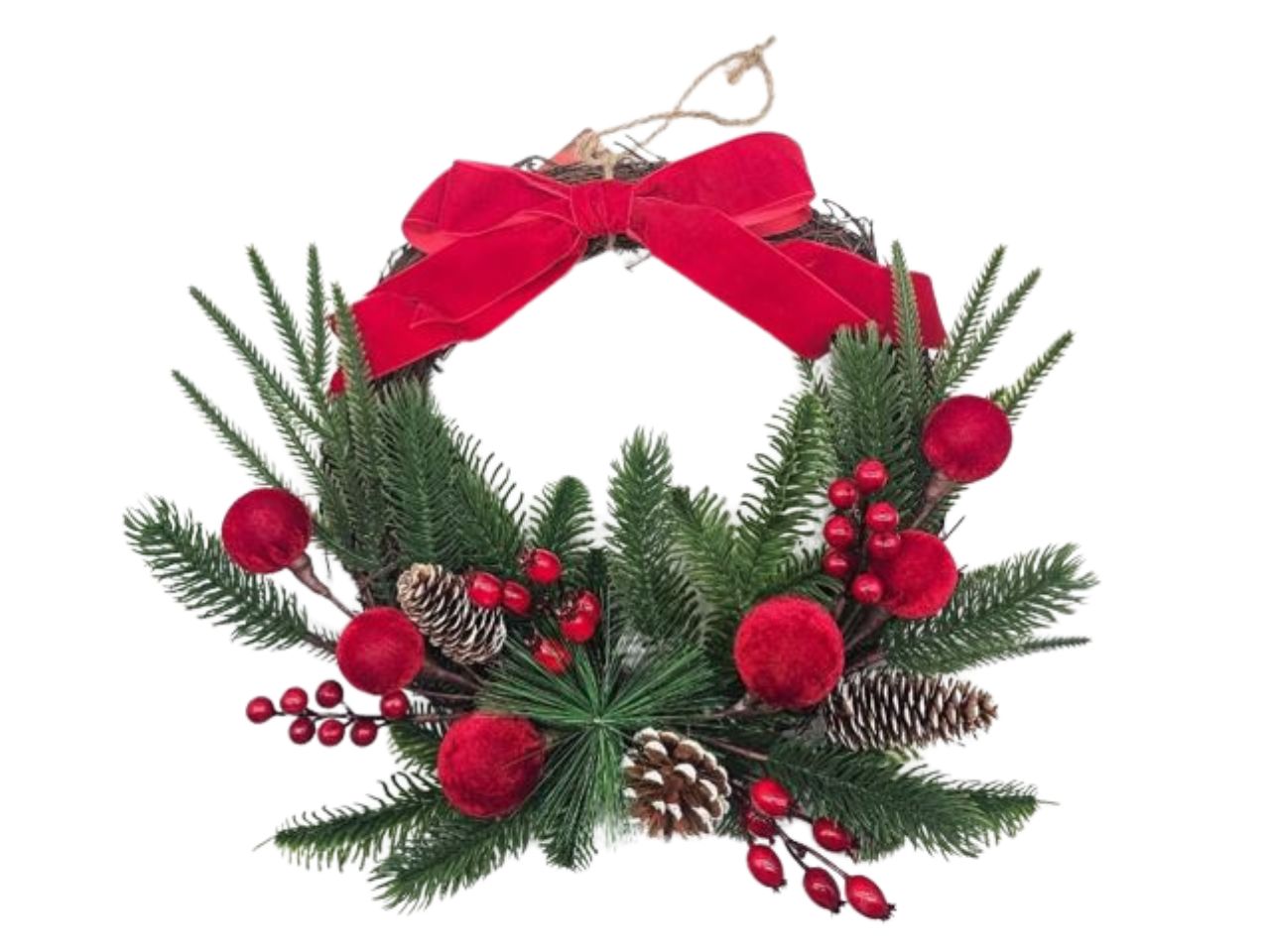 Dietroporta verde 40cm con bacche e palle rosse