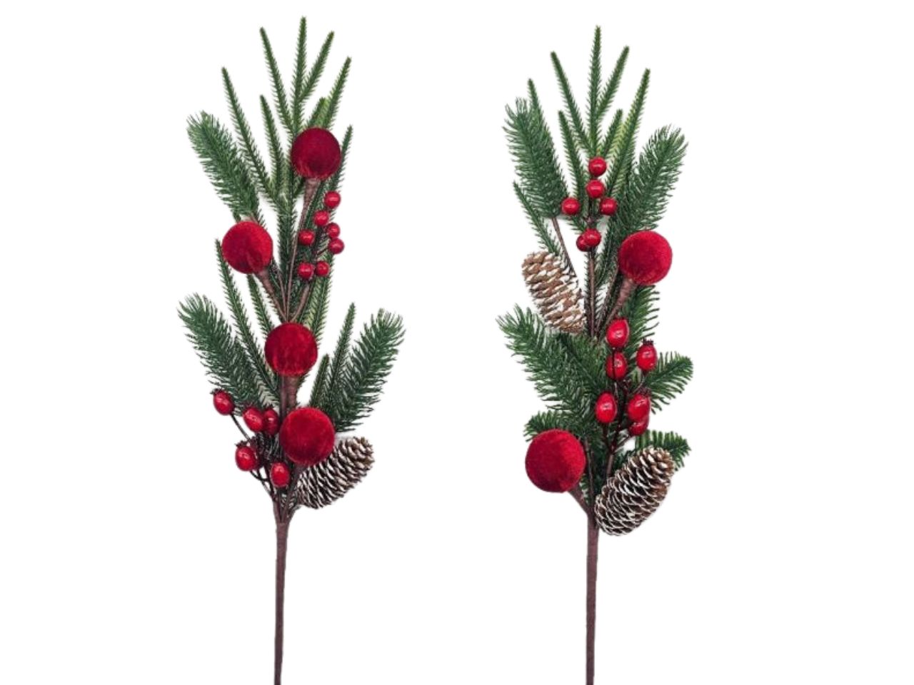 Ramo pino maxi 70/74cm con bacche e palle rosse in 2 assortimenti