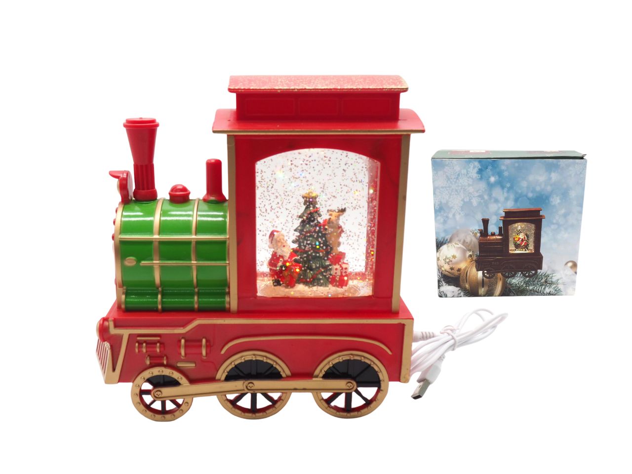 Trenino con acqua, neve,  luci e movimento 21xh21cm