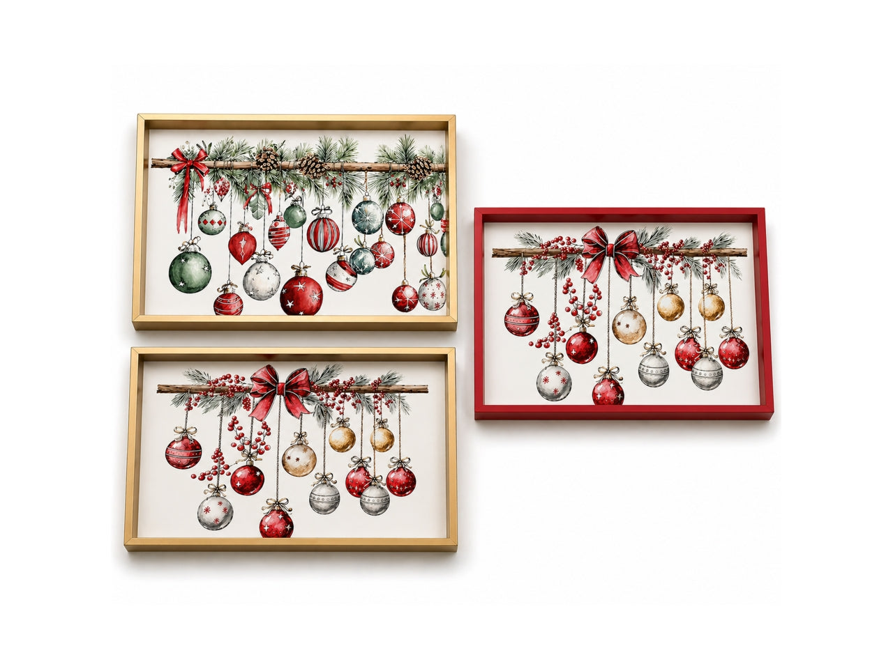 Vassoio in mdf rettangolare 40x25xh3cm con palline e bordo oro, decori assortiti