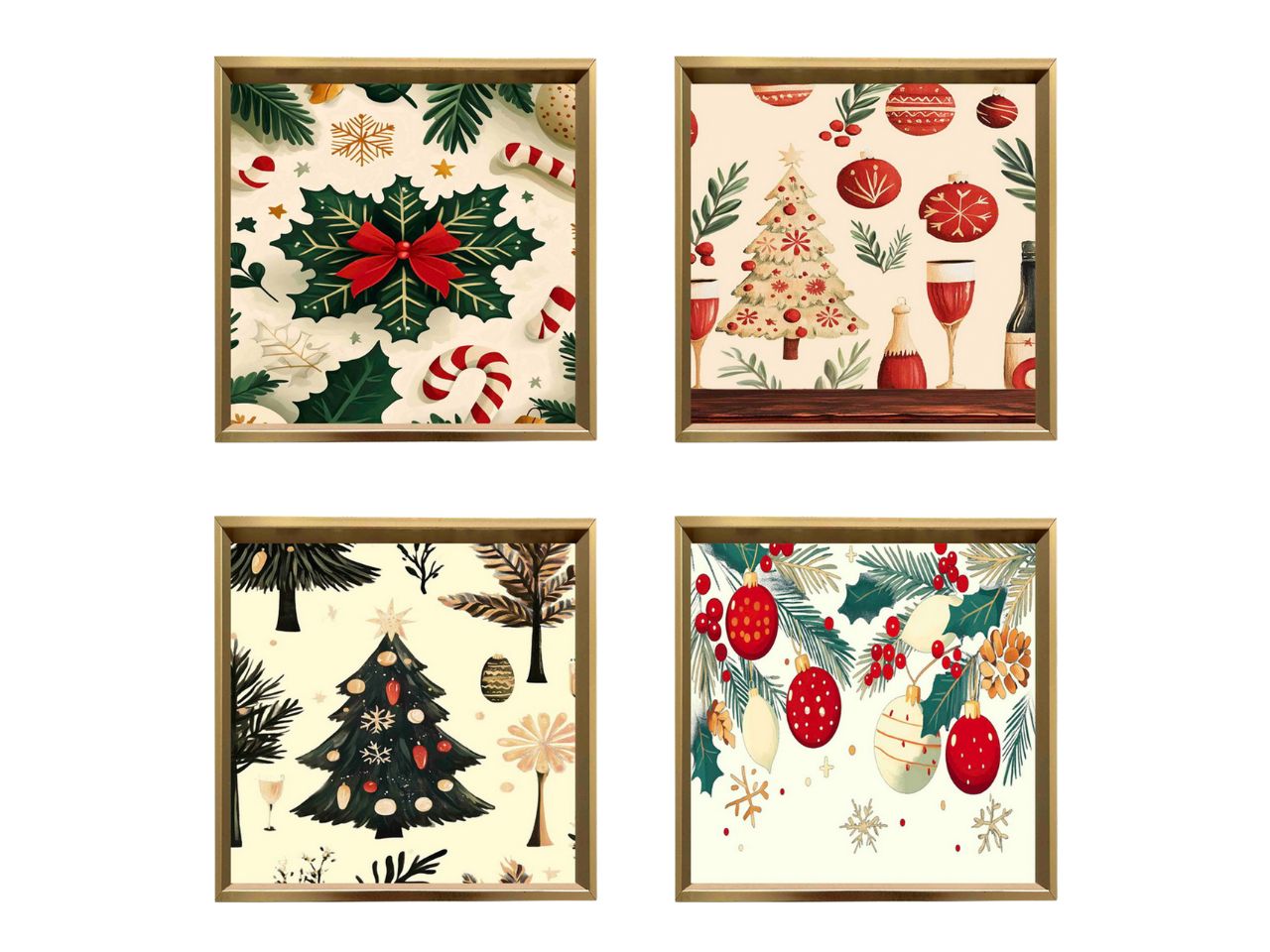 Vassoio in mdf quadrato 20x20xh.3cm con bordo oro, decori assortiti