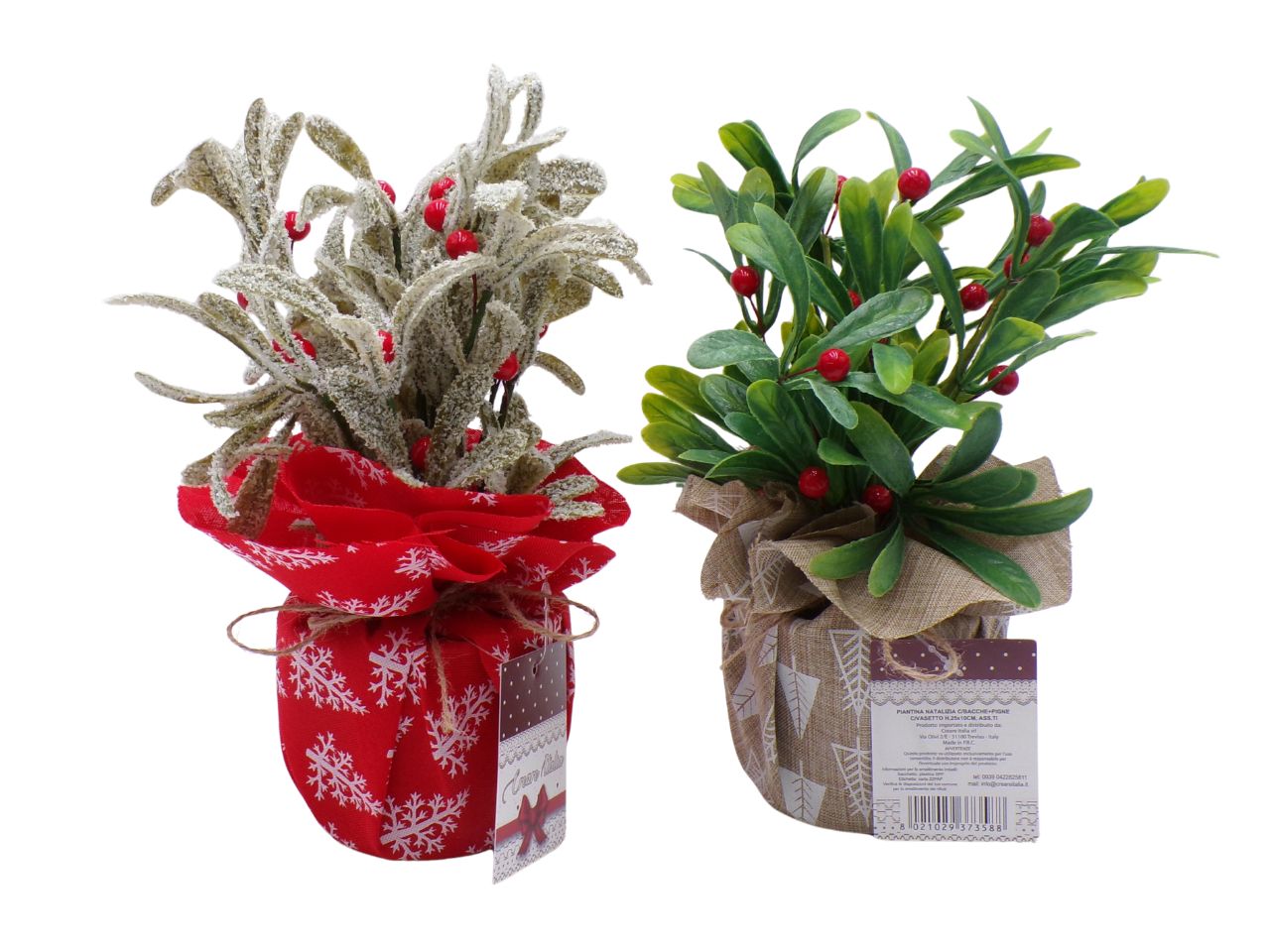 Piantina natalizia 10xh25cm con bacche e pigne, 2 colori assortiti