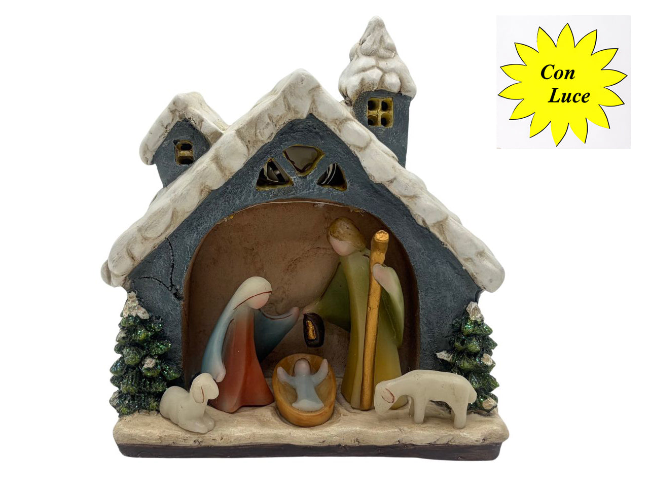 Capanna con nativita' in resina e luce 15,5xh.16cm