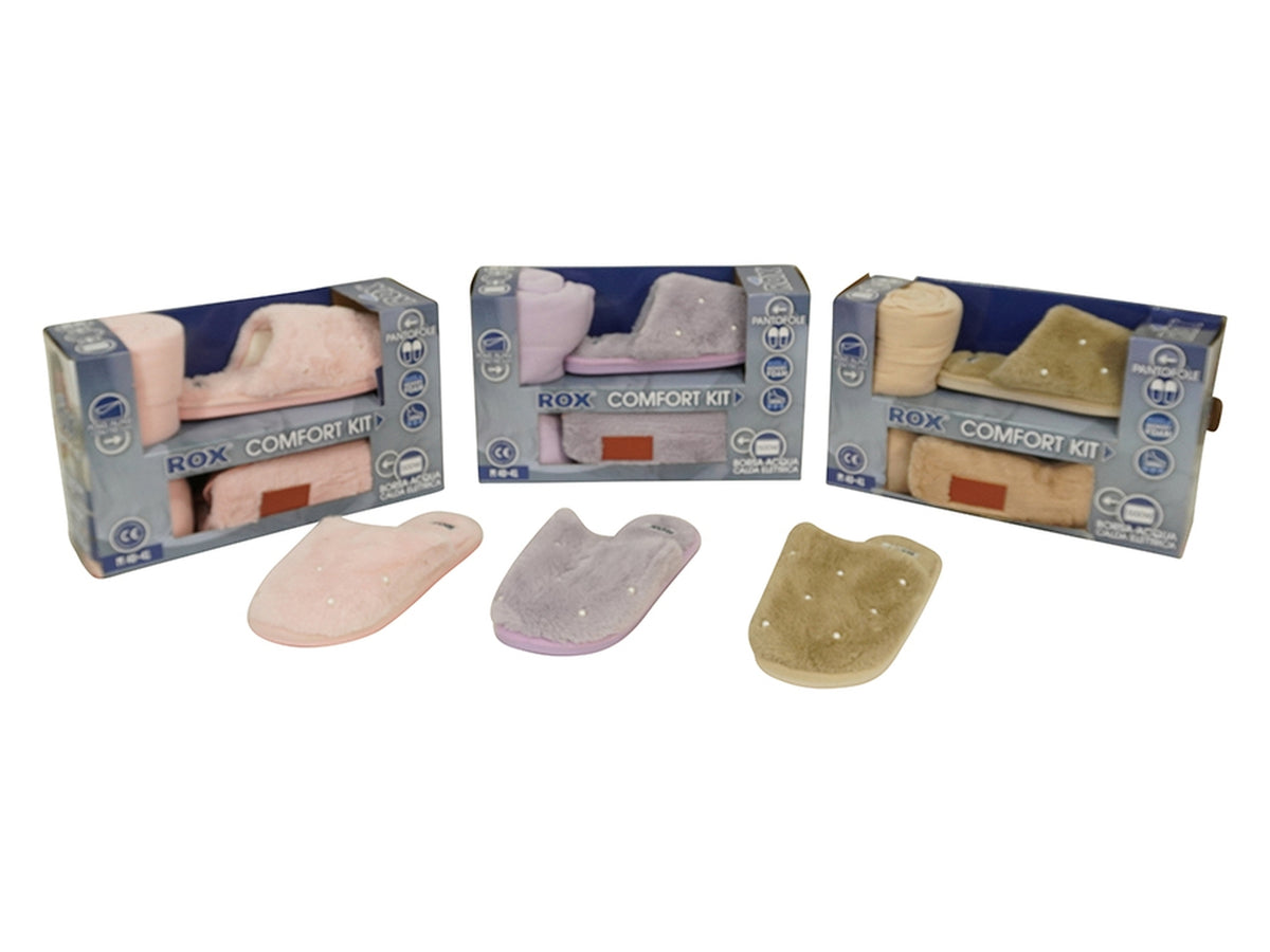 Set pantofola Rox da donna taglia dalla 36 alla 41, plaid e borsa acqua calda elettrica, in 2 assortimenti di colore