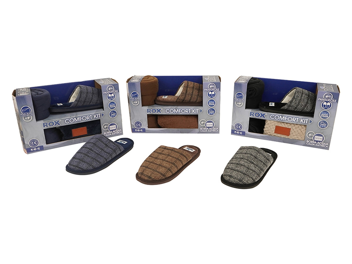 Set pantofola Rox da uomo taglia dalla 40 alla 45, plaid e borsa acqua calda elettrica, in 2 assortimenti di colore
