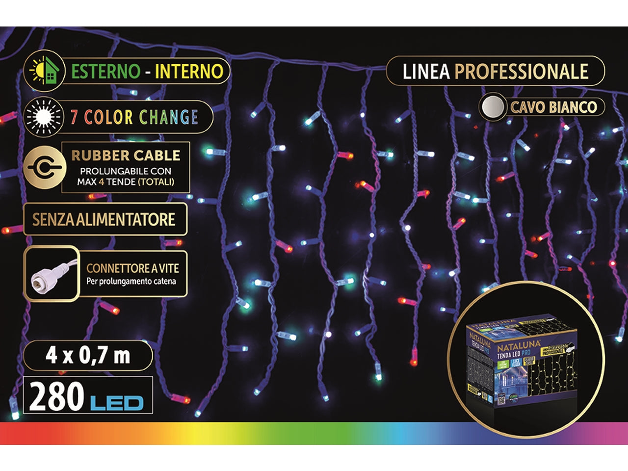 Tenda luminosa 280 led 7 Color Change, 4x0,7mt con cavo bianco Rubber Cable IP44. Prolungabile fino a 4 tende, uso esterno/interno. Senza alimentatore