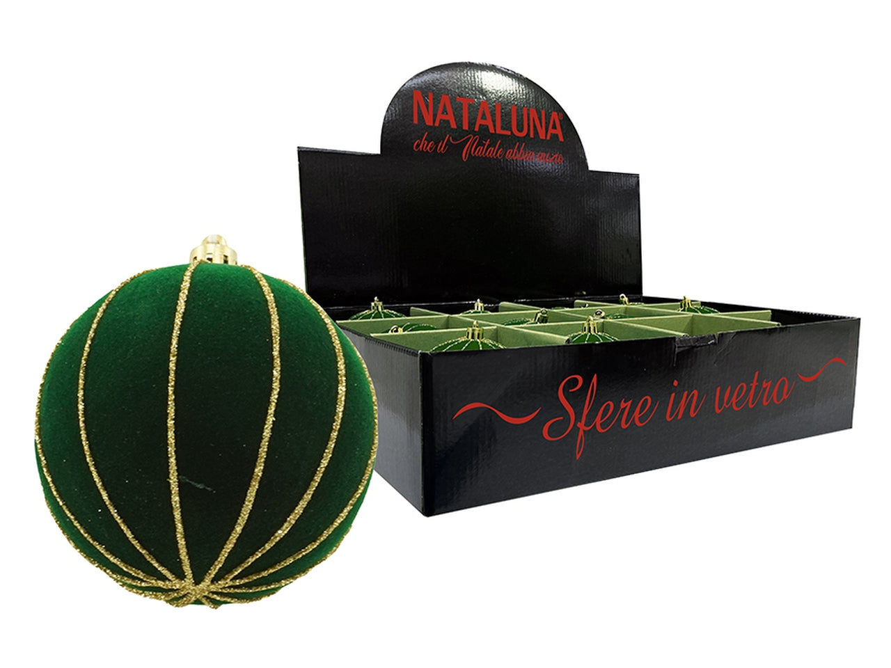 Sfera in vetro 8cm effetto velluto verde con spicchi oro