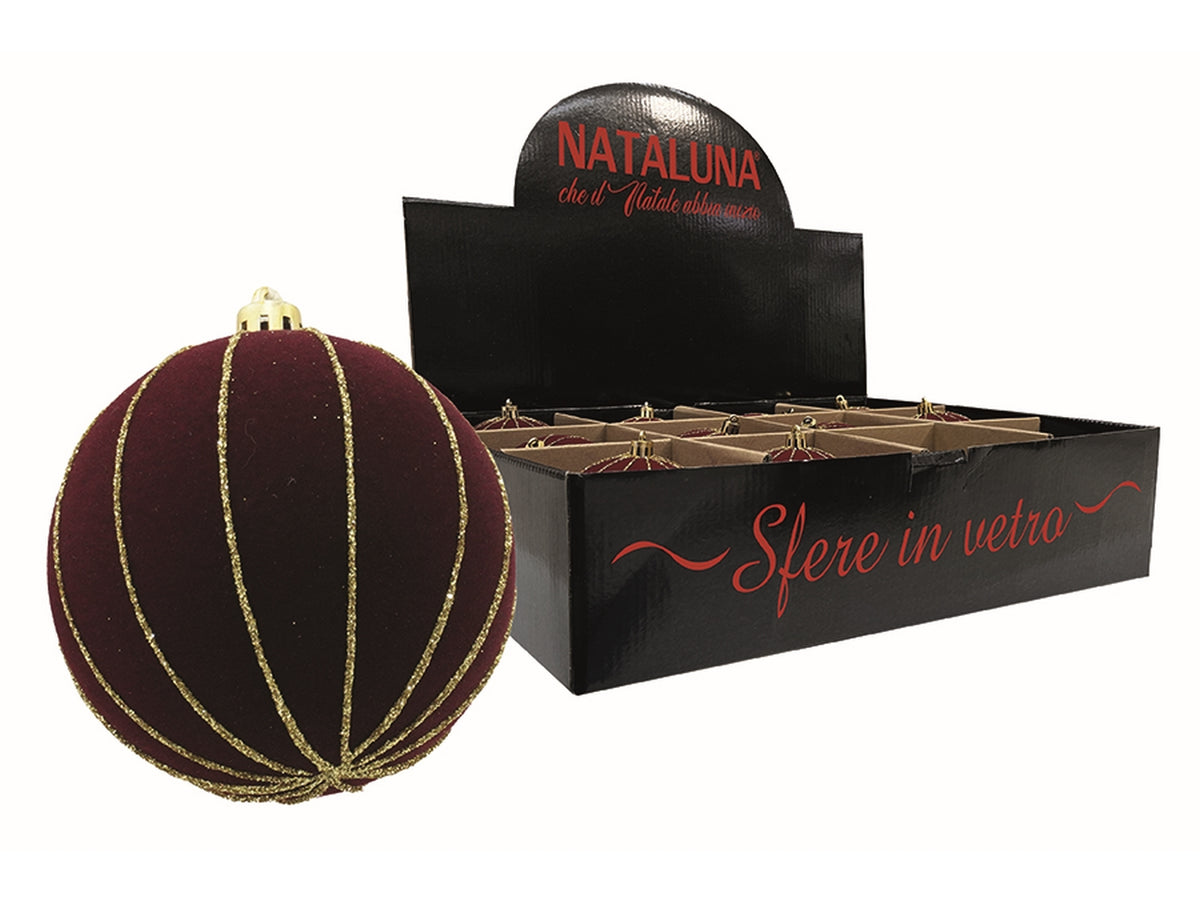 Sfera in vetro 8cm effetto velluto bordeaux con spicchi oro