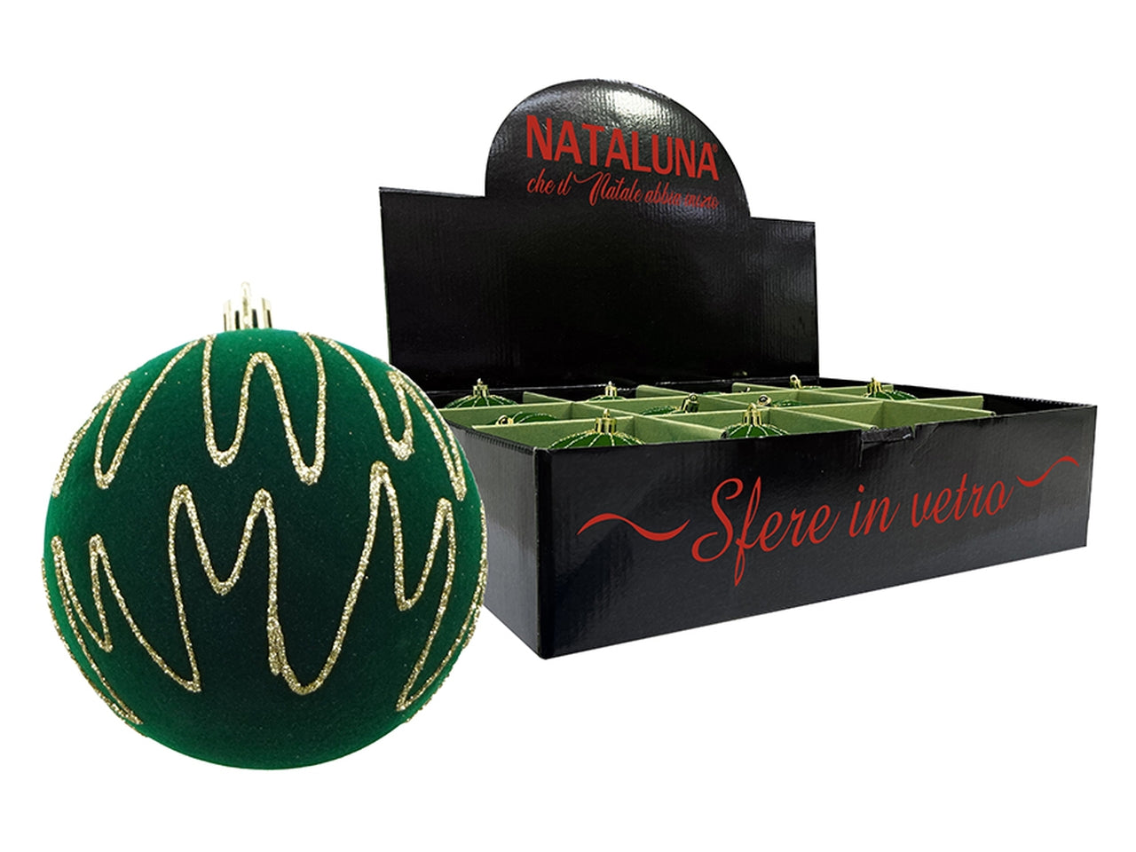 Sfera in vetro 8cm effetto velluto verde con filo oro