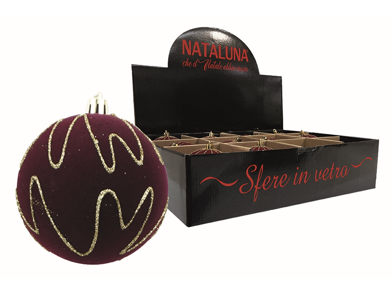 Sfera in vetro 8cm effetto velluto bordeaux con filo oro