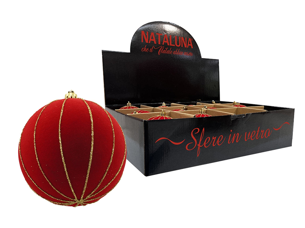 Sfera in vetro 10cm effetto velluto rosso con spicchi oro