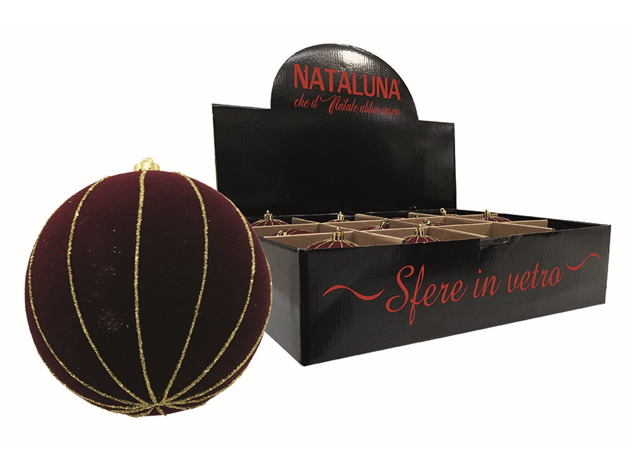 Sfera in vetro 10cm effetto velluto bordeaux con spicchi oro