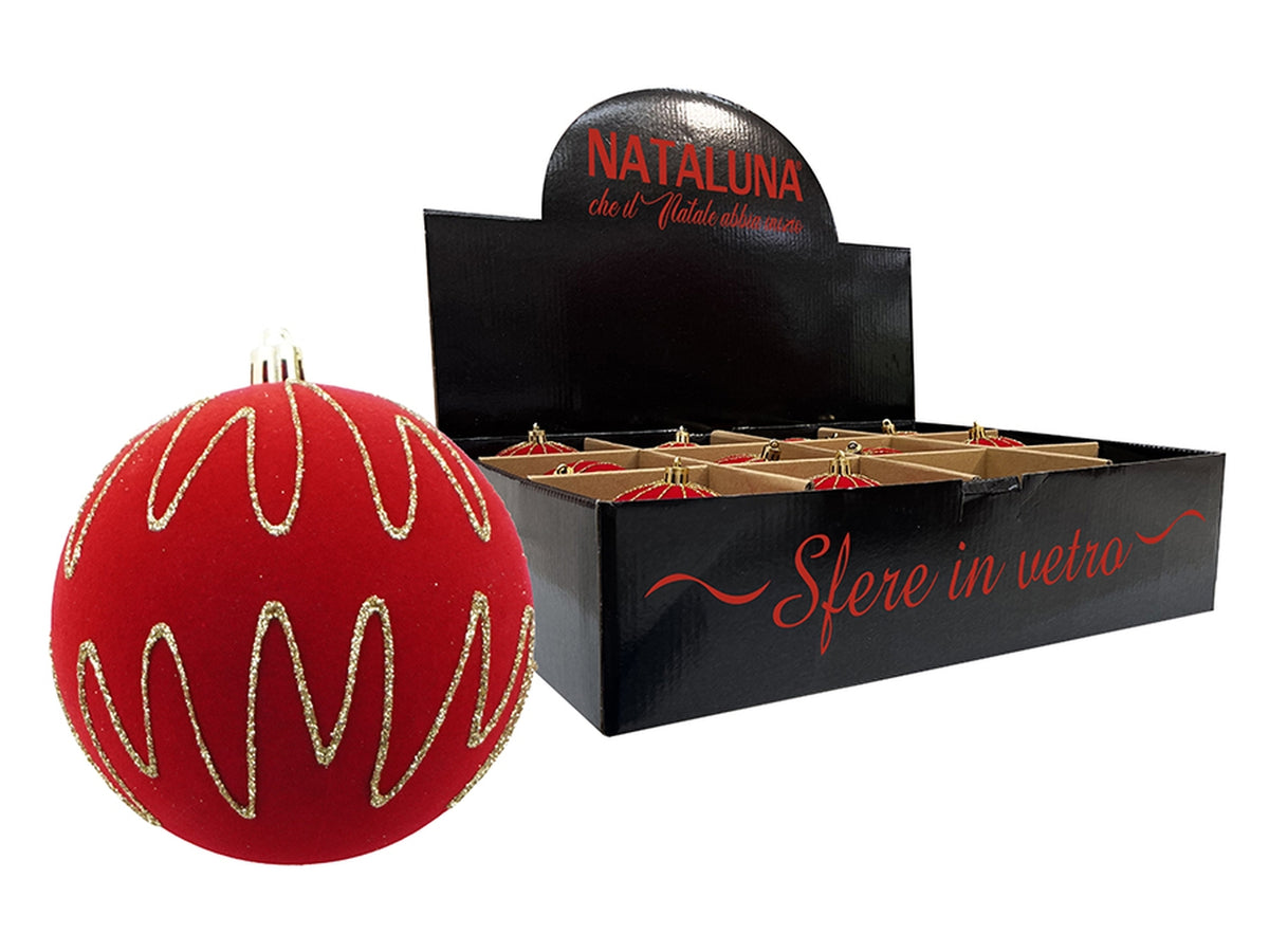 Sfera in vetro 10cm effetto velluto rosso con filo oro