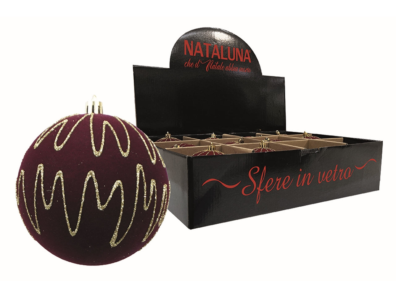 Sfera in vetro 10cm effetto velluto bordeaux con filo oro