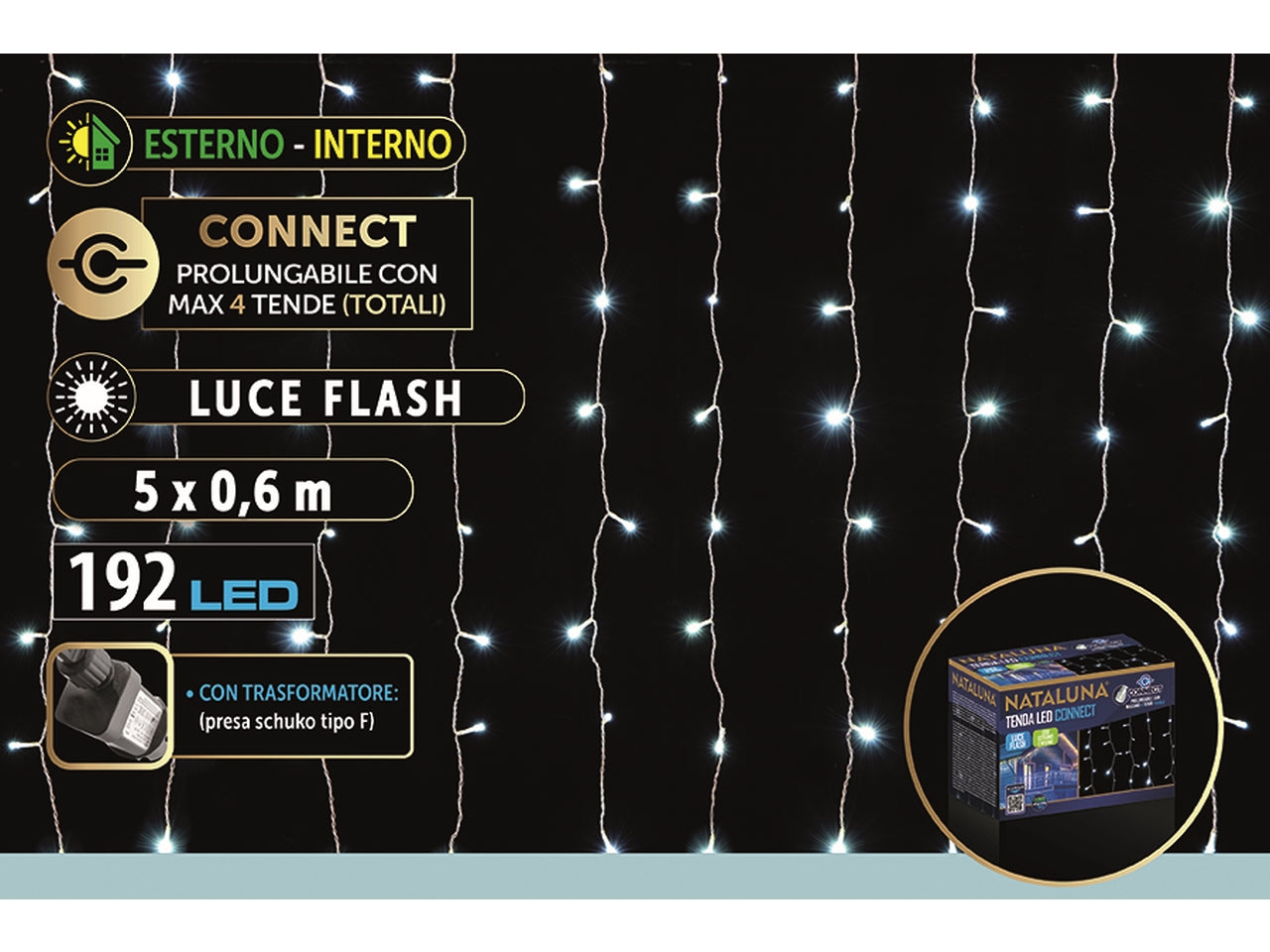Tenda di luci a cascata con 192 led bianco connect per uso interno ed esterno 5x0,6mt