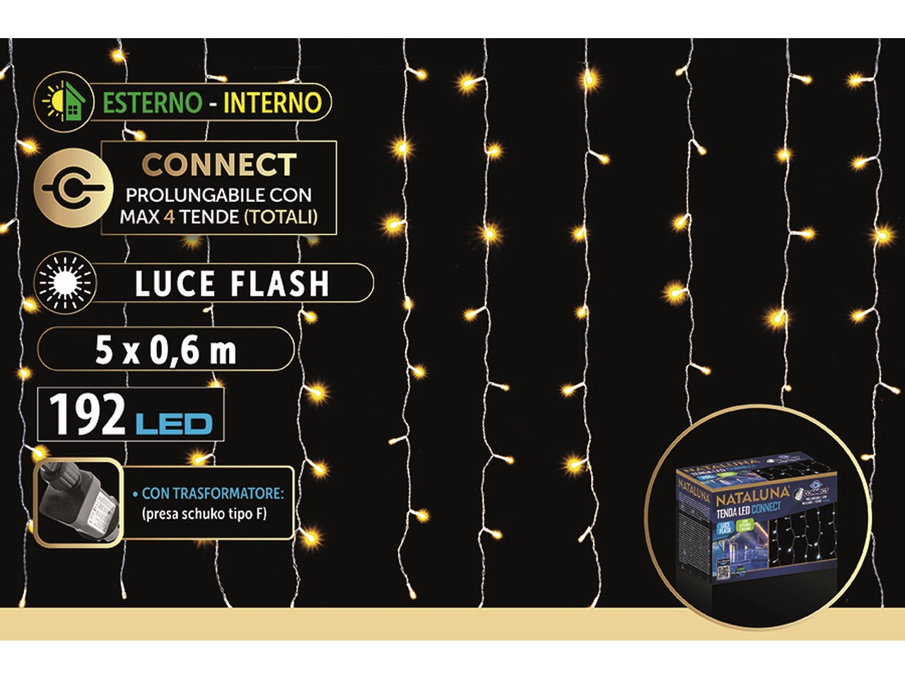 Tenda di luci a cascata con 192 led bianco caldo connect per uso interno ed esterno 5x0,6mt