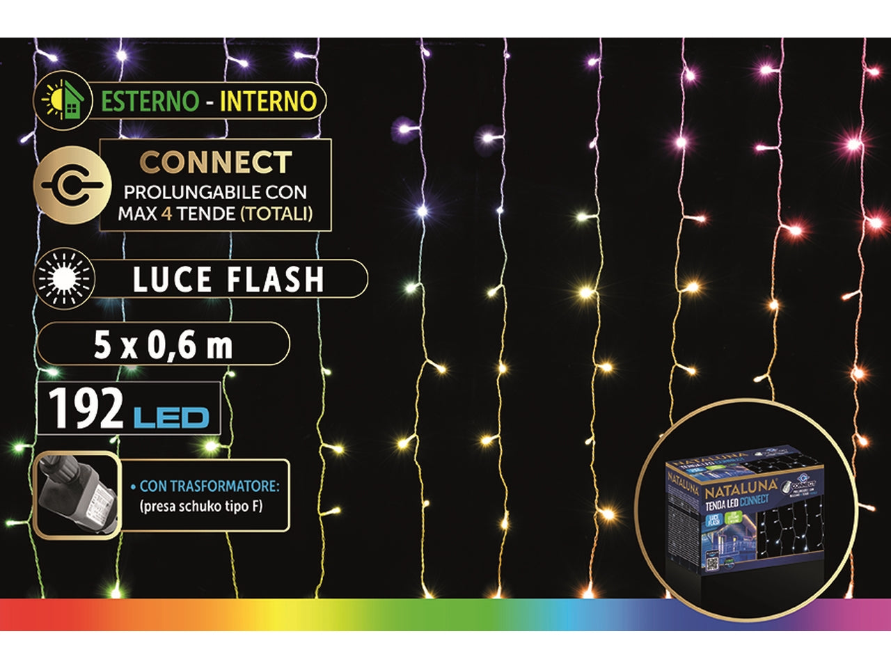 Tenda di luci a cascata con 192 led multicolor connect per uso esterno 5x0,6mt
