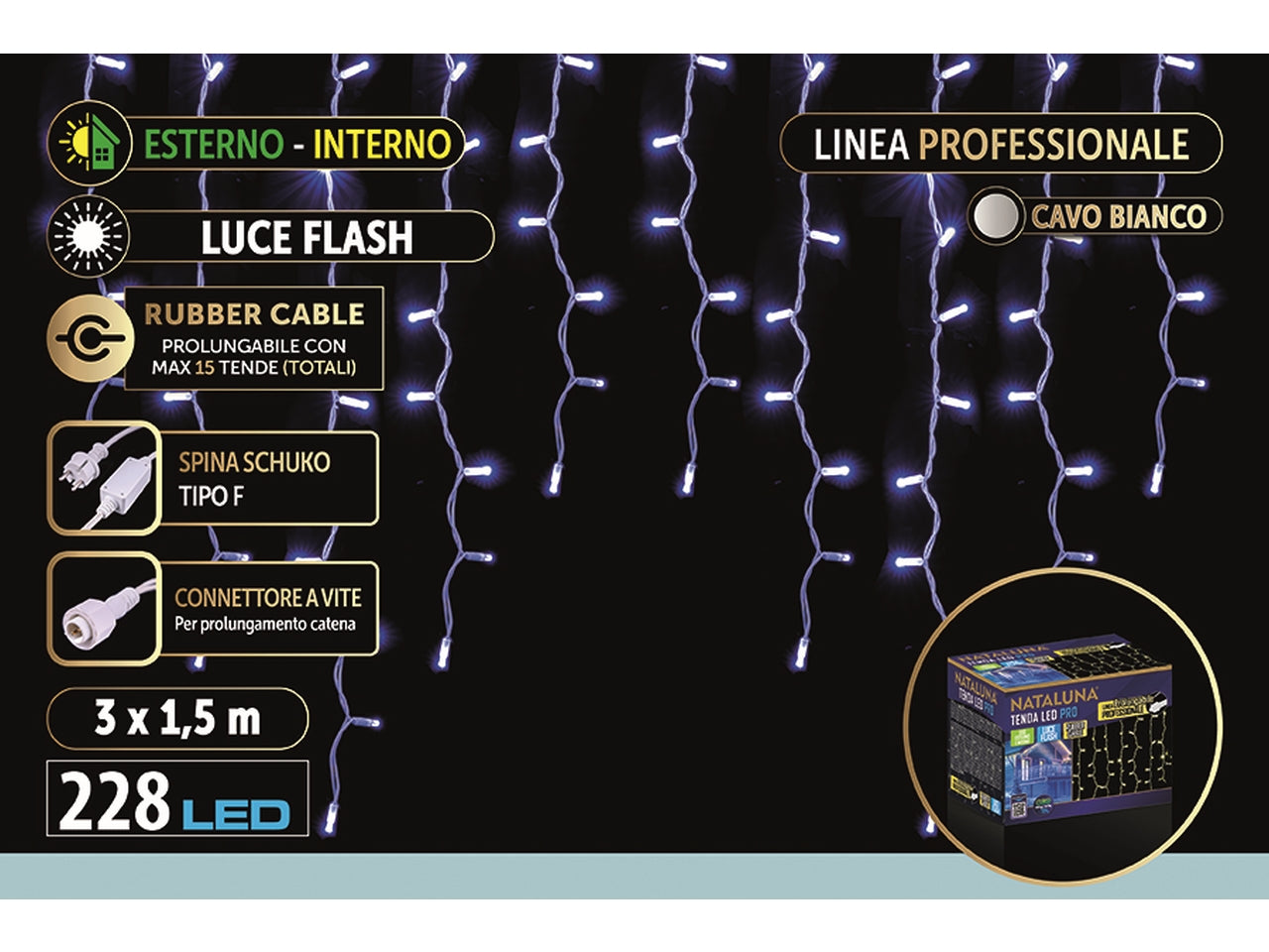 Tenda di luci a cascata con 228 led bianco 3x1,5mt flash con cavo gommato