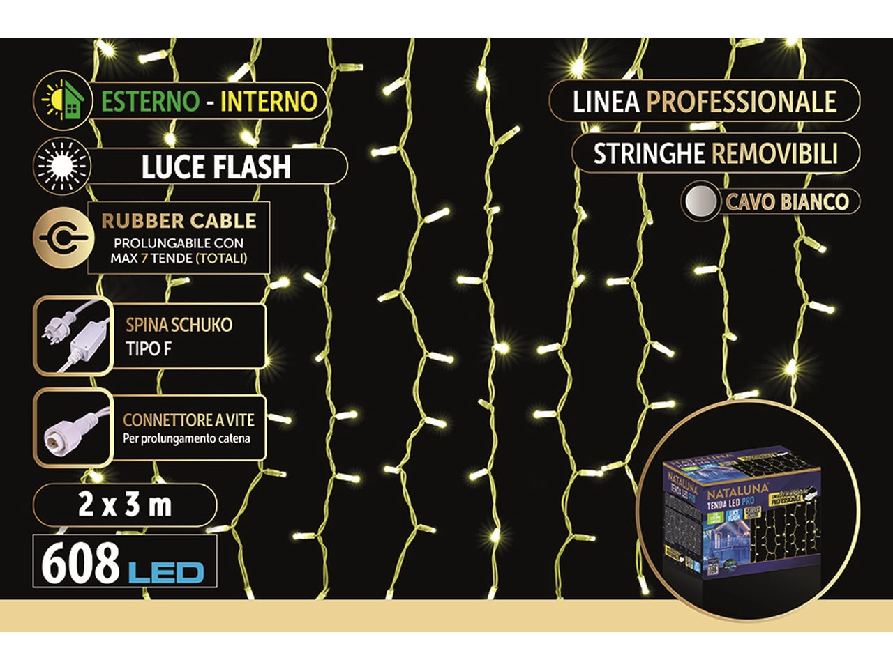 Tenda di luci a cascata con 608 led bianco caldo 2x3mt flash con cavo gommato