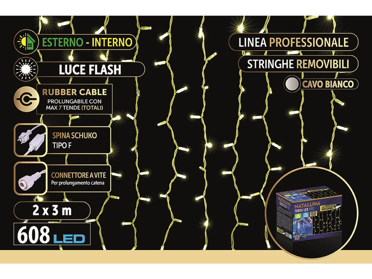 Tenda di luci a cascata con 608 led bianco caldo 2x3mt flash con cavo gommato
