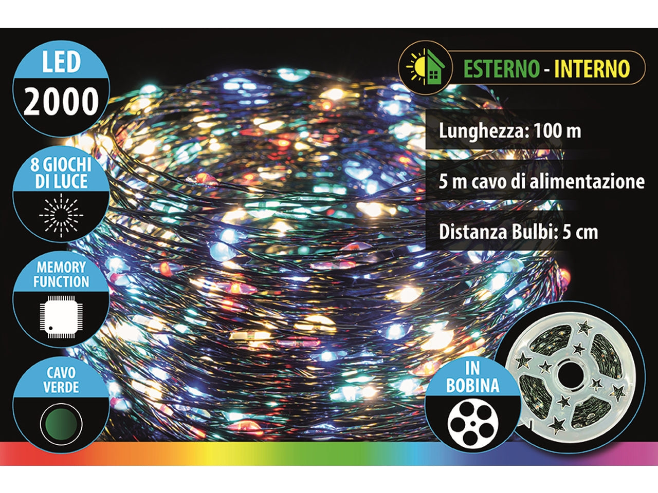 Catena lineare da 2000 microled multicolor in bobina da 100mt+5mt, 8 giochi di luce, filo verde per uso interno ed esterno