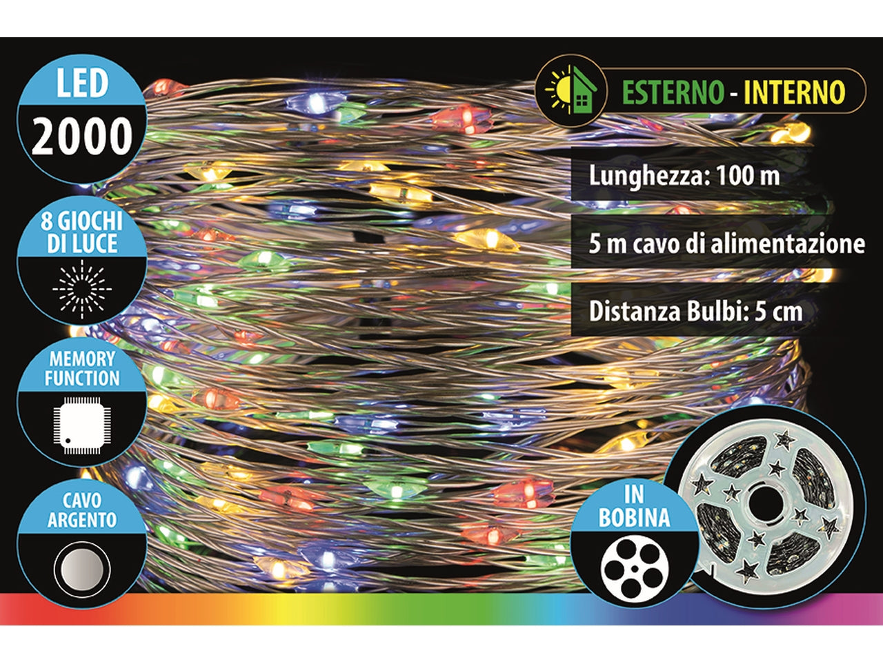 Catena lineare da 2000 microled multicolor in bobina da 100mt+5mt, 8 giochi di luce, filo argento per uso interno ed esterno