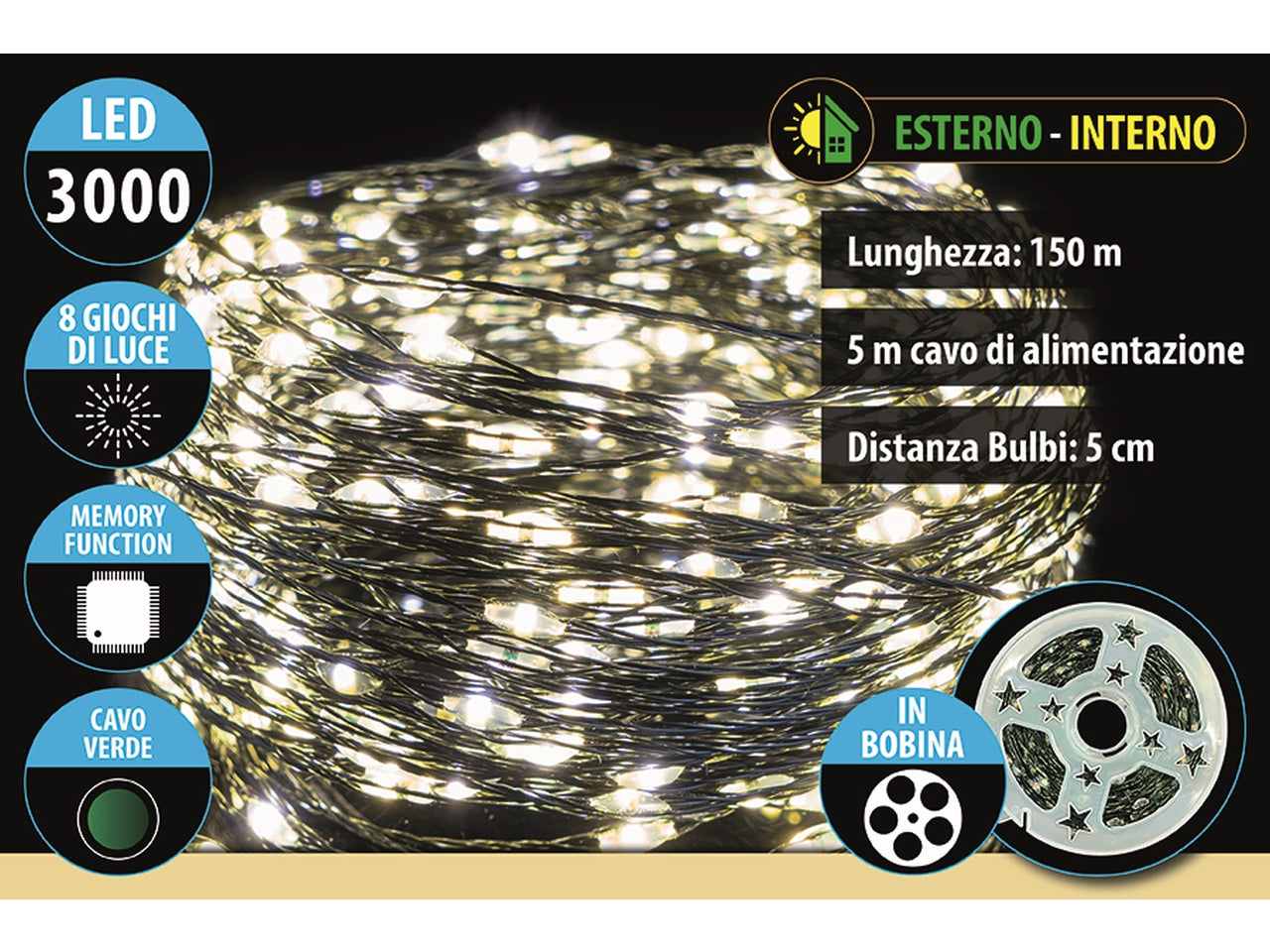 Catena lineare da 3000 microled bianco caldo in bobina da 150mt+5mt, 8 giochi di luce, filo verde per uso interno ed esterno