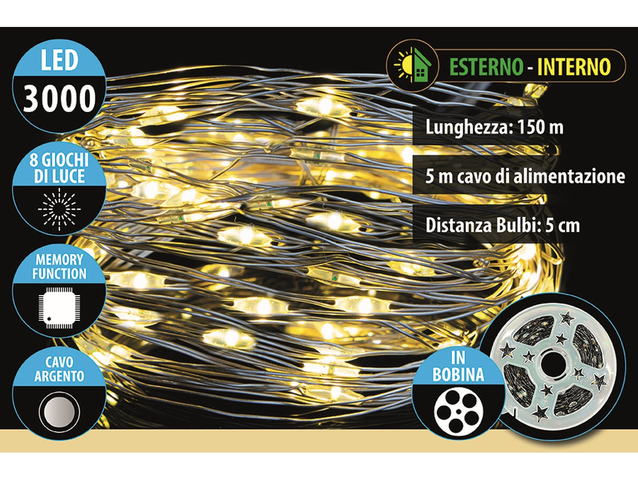 Catena lineare da 3000 microled bianco caldo in bobina da 150mt+5mt, 8 giochi di luce, filo argento per uso interno ed esterno