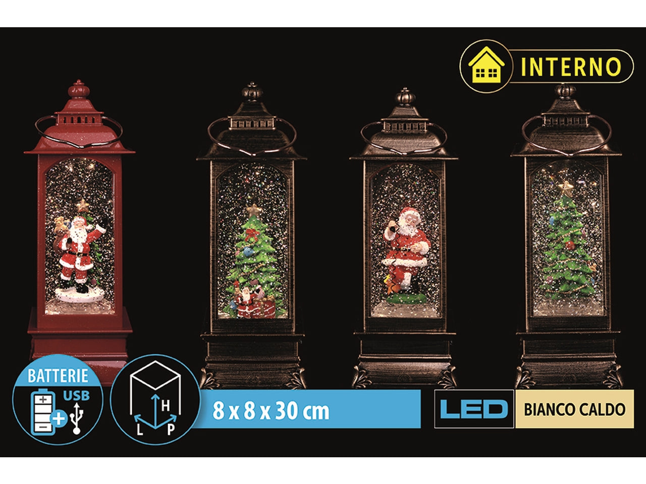 Lanterna 8x8x30cm con acqua usb e batteria, in 4 assortimenti