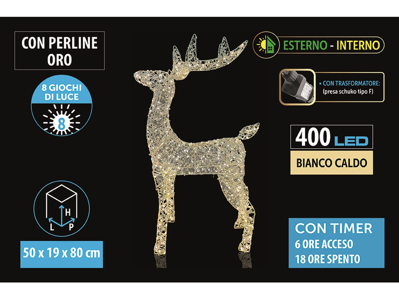 Renna luminosa in metallo maxi 80cm con perline, 400 led bianco caldo con 8giochi di luce per uso interno ed esterno